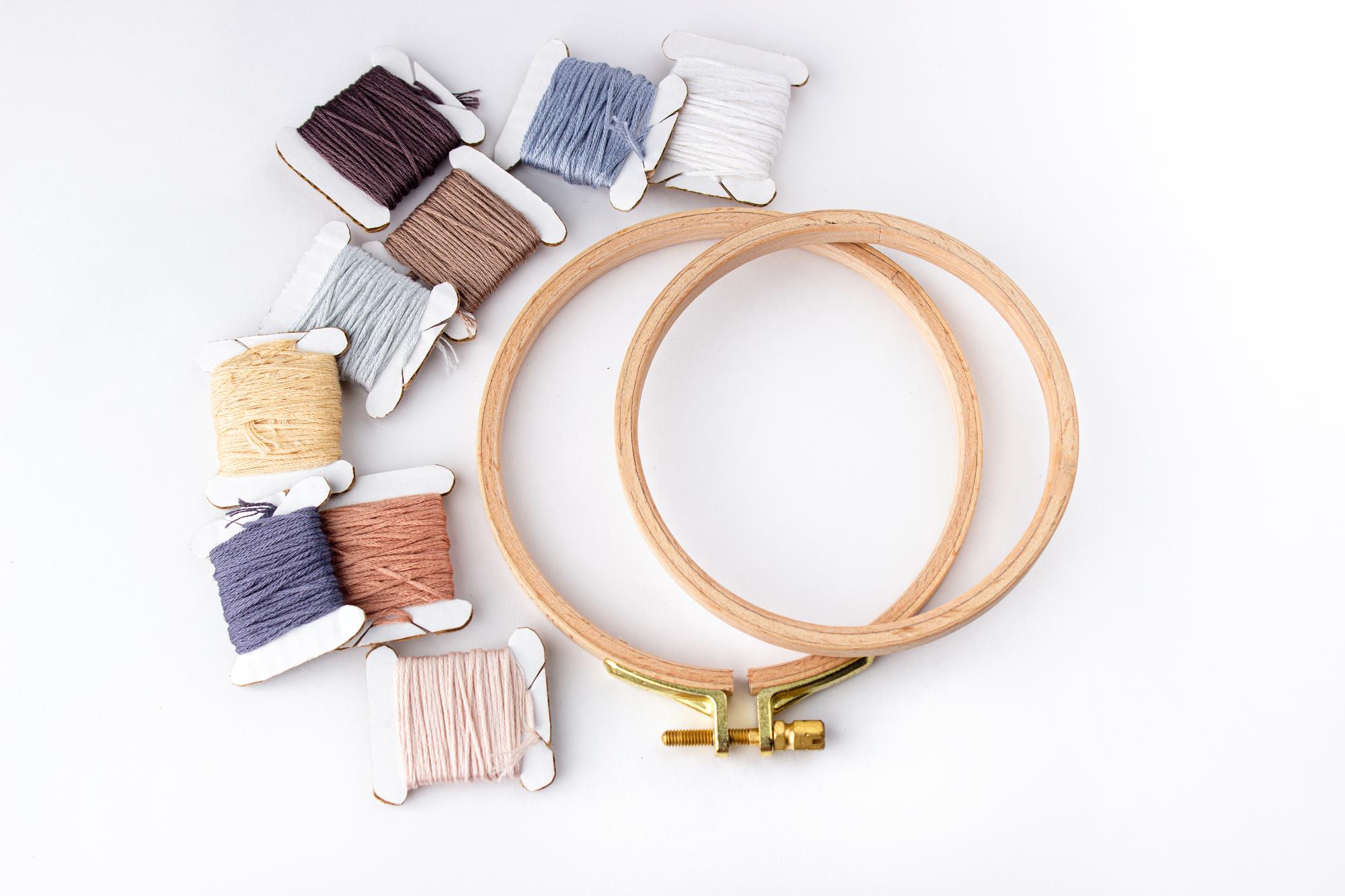 Studio workbench with threads and embroidery hoop